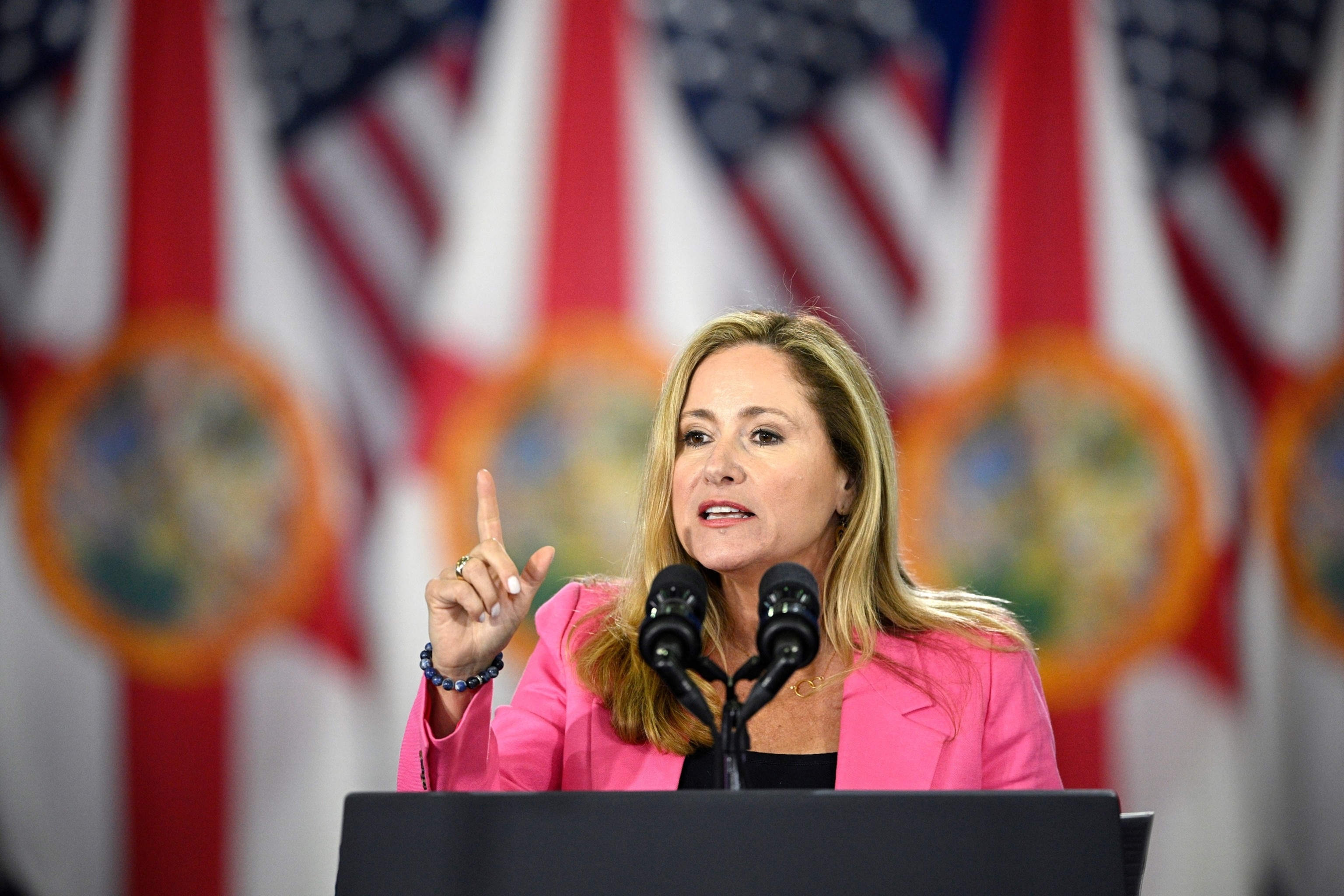 PHOTO: Former Rep. Debbie Mucarsel-Powell addresses the crowd before an appearance by President Joe Biden during his reproductive freedom campaign event at Hillsborough Community College, April 23, 2024, in Tampa, Fla.