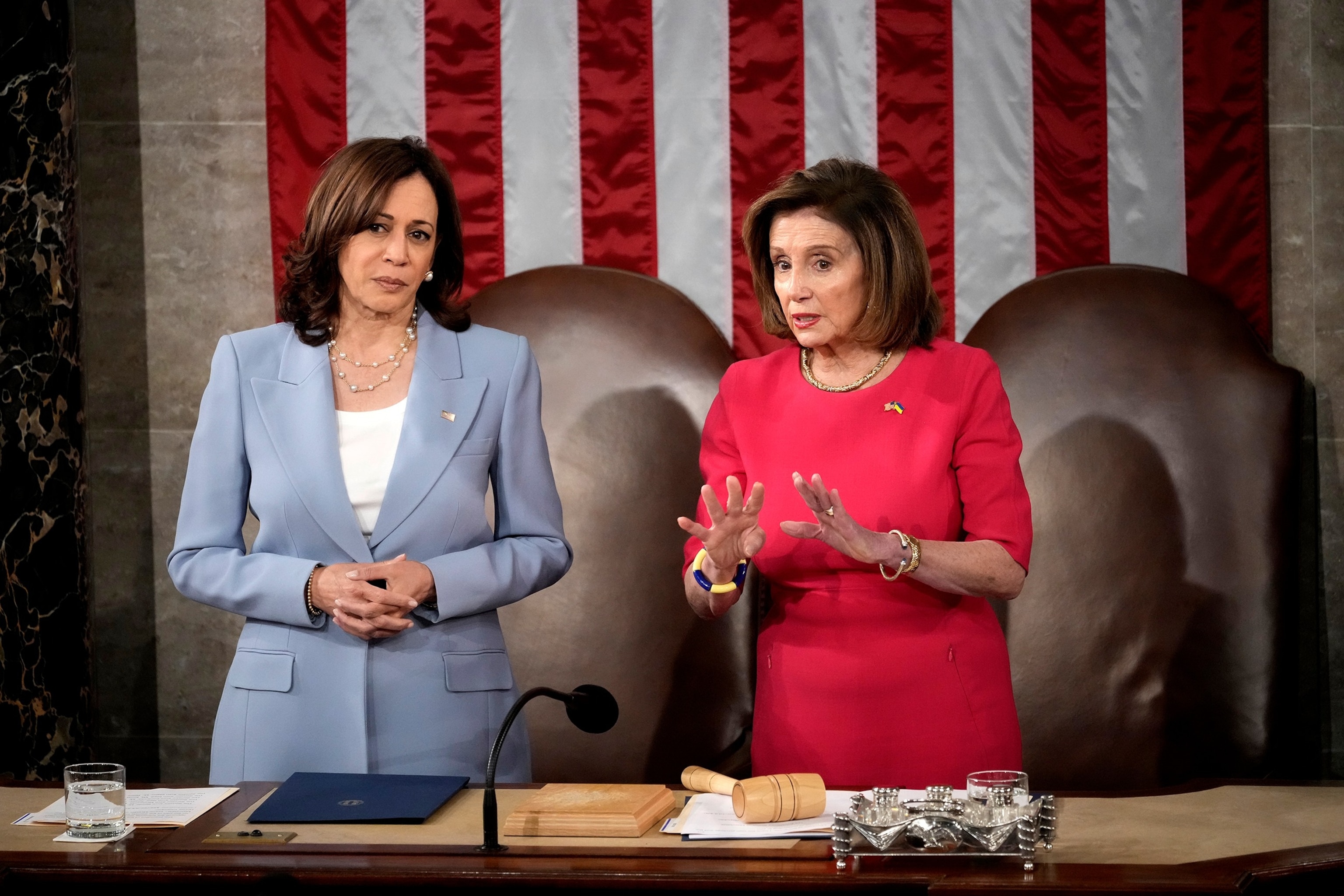 PHOTO: In this May 17, 2022, file photo, Vice President Kamala Harris and Speaker of the House Nancy Pelosi are shown in the House Chamber of the U.S. Capitol  in Washington, D.C.