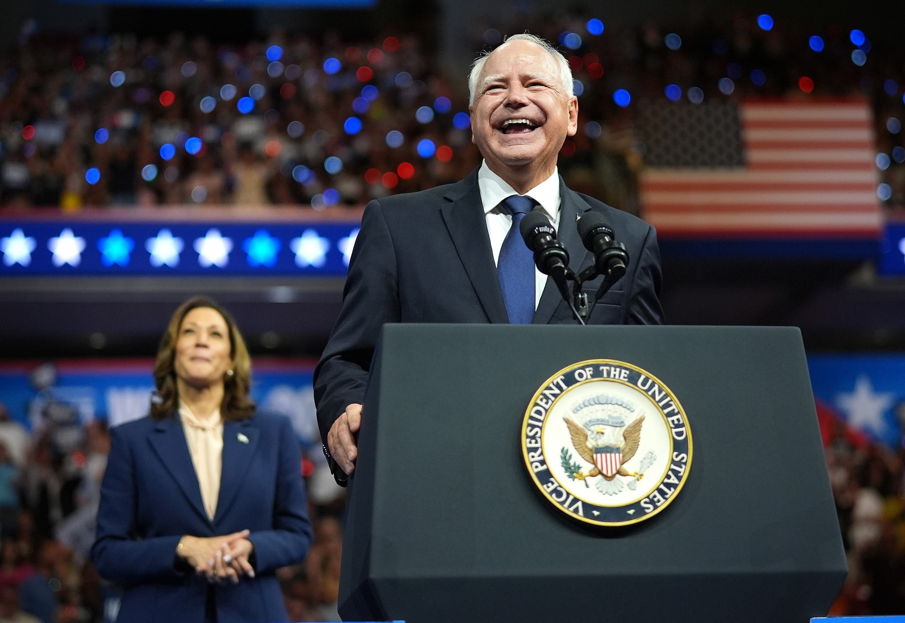 PHOTO: Democratic vice presidential candidate Minnesota Gov. Tim Walz speaks during a campaign rally with Democratic presidential candidate, U.S. Vice President Kamala Harris at Girard College August 6, 2024 in Philadelphia, Pennsylvania.