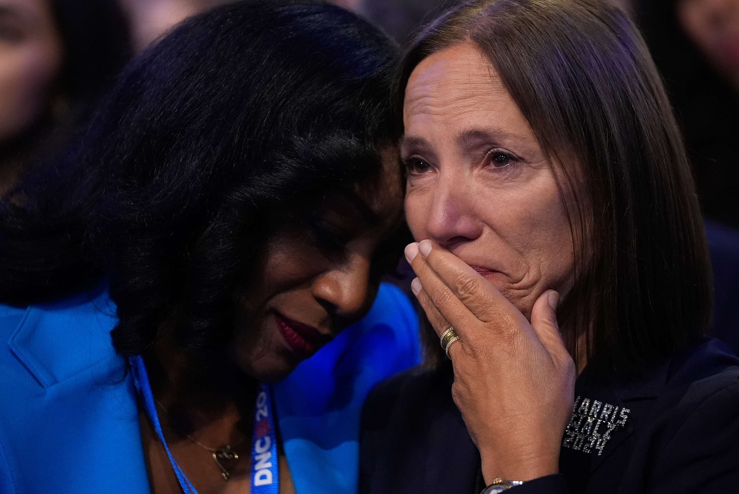 PHOTO: California State Controller Malia Cohen and California Lieutenant Gov. Eleni Kounalakis react as Jon Polin and Rachel Goldberg, parents of hostage Hersh Goldberg-Polin speak at the Democratic National Convention, Aug. 21, 2024, in Chicago. 