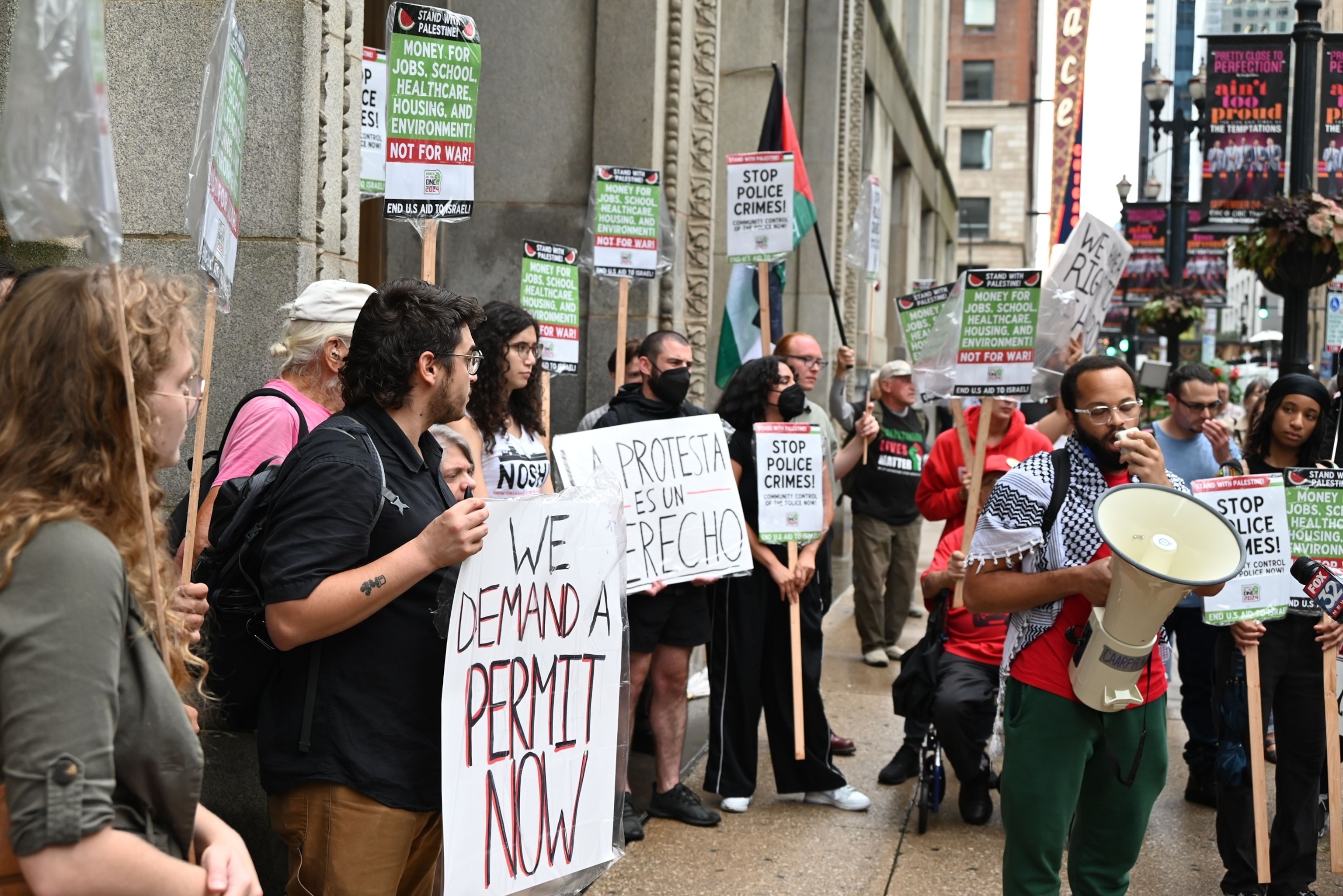 PHOTO: Protesters are demonstrating outside City Hall in Chicago,  August 15, 2024. Demonstrators are feeling outraged over the city's restrictions on the ''March On the DNC'' protest permits during next week's 2024 Democratic National Convention. 