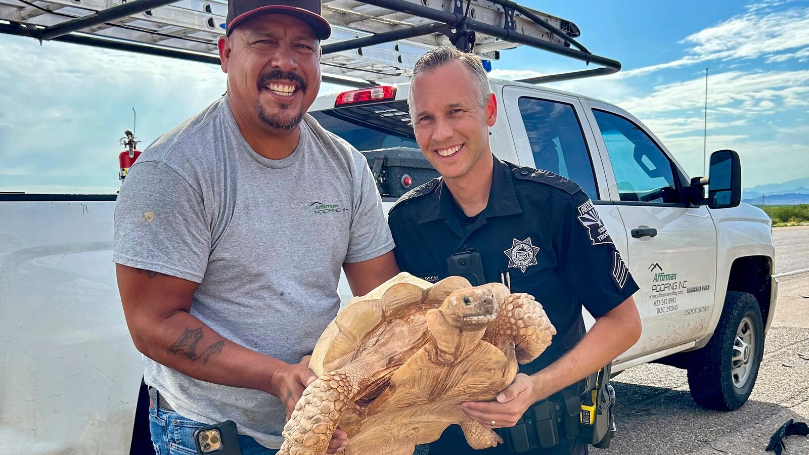 Rescue of a Large Desert Tortoise on Arizona Highway after Escaping from Ostrich Ranch 3 Miles Away