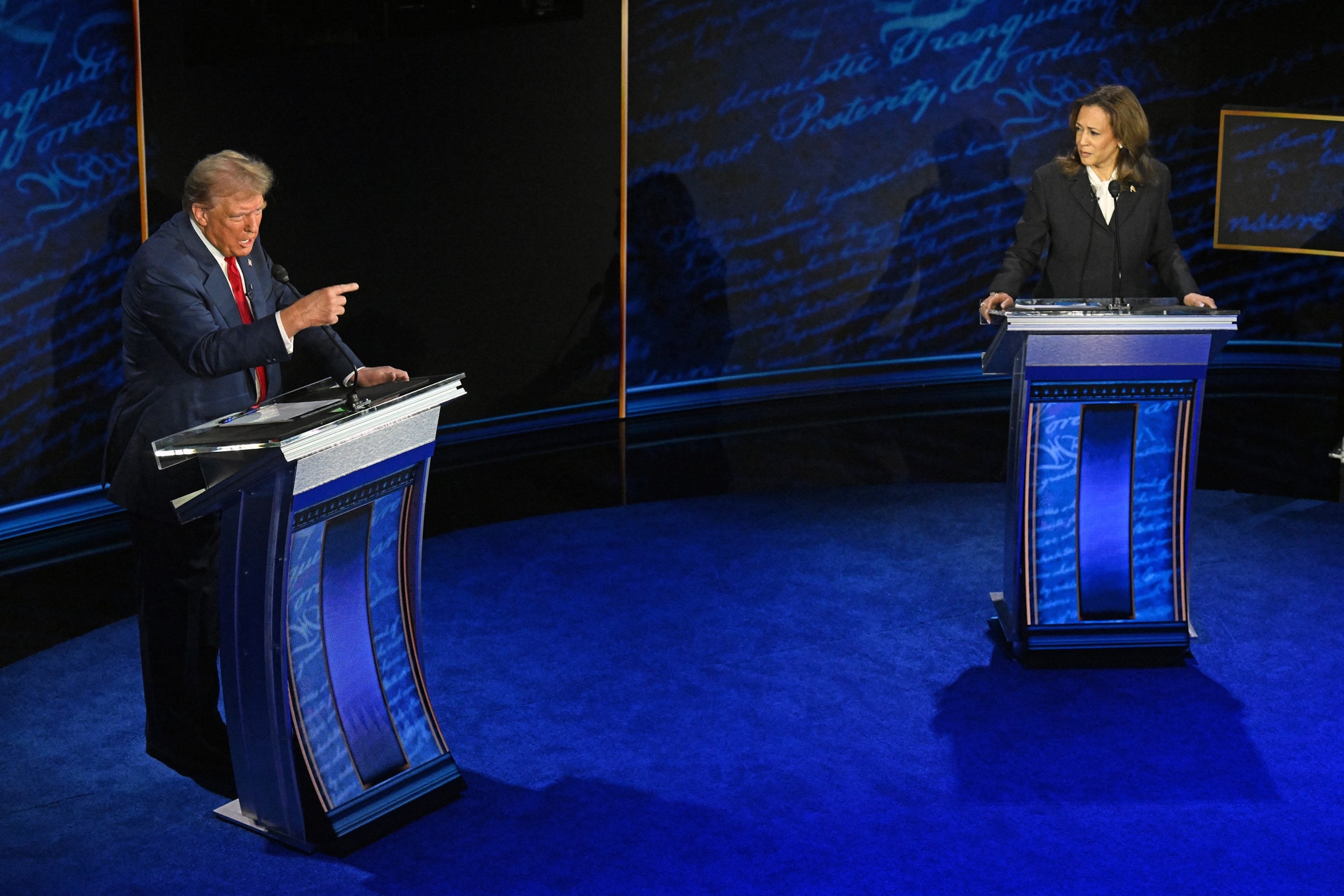 PHOTO: Vice President and Democratic presidential candidate Kamala Harris and former President and Republican presidential candidate Donald Trump speak during a presidential debate in Philadelphia, on Sept. 10, 2024. 