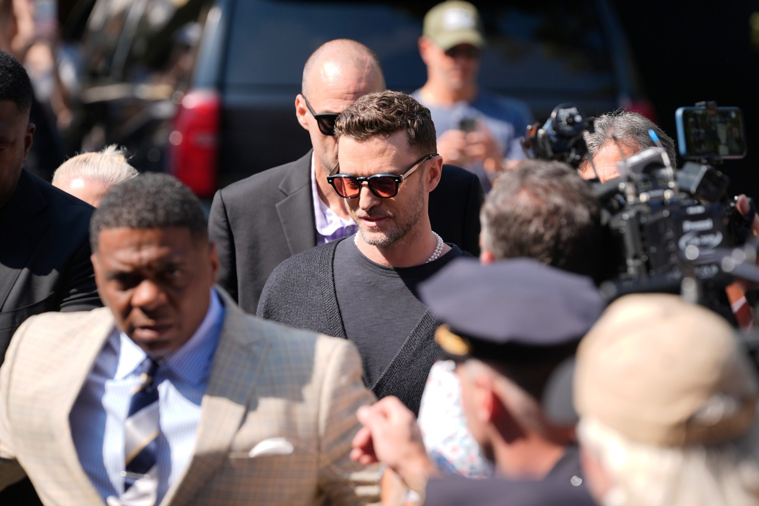 Justin Timberlake speaks to reporters following guilty plea for driving while ability impaired