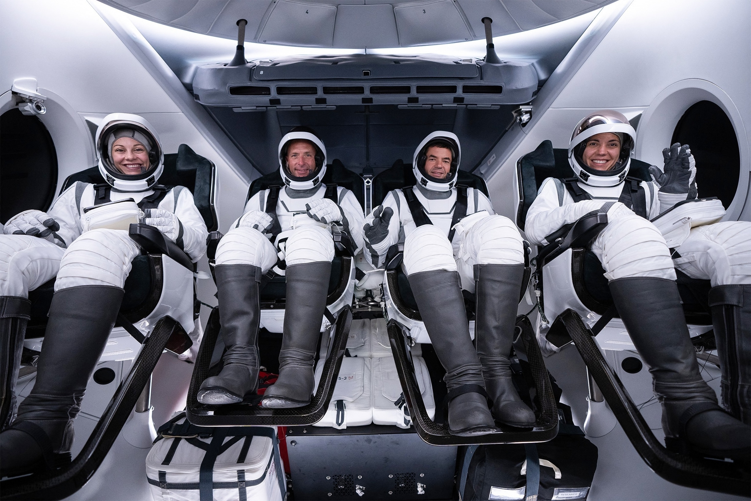 PHOTO: This undated photo courtesy of SpaceX shows Polaris Dawn astronauts inside the Polaris Dawn Crew Dragon Resilience ahead of a now postponed launch in Cape Canaveral, Fla.