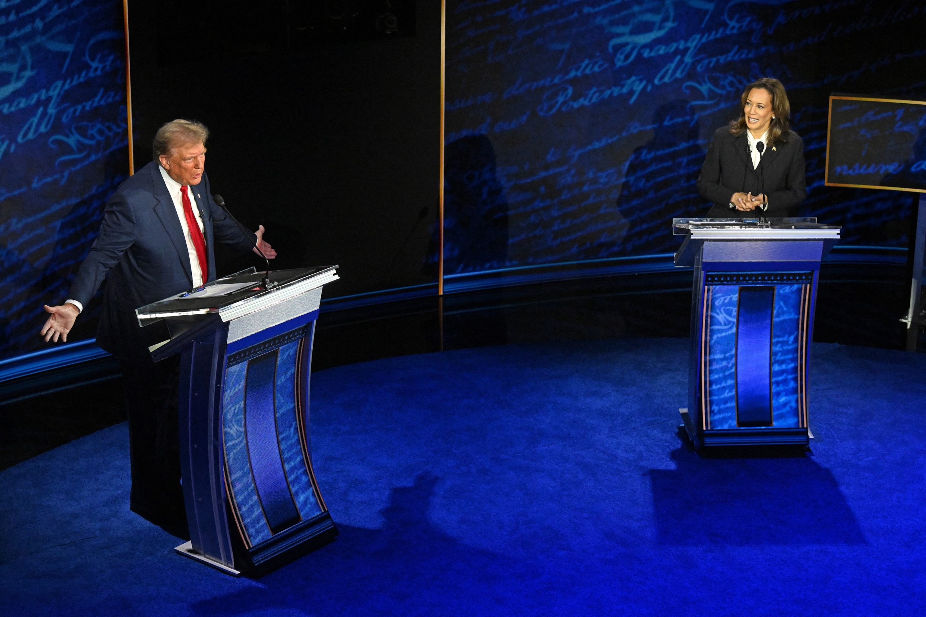 PHOTO:  Former President and Republican presidential candidate Donald Trump speaks during a presidential debate with Vice President and Democratic presidential candidate Kamala Harris at the National Constitution Center in Philadelphia, on Sept. 10, 2024.