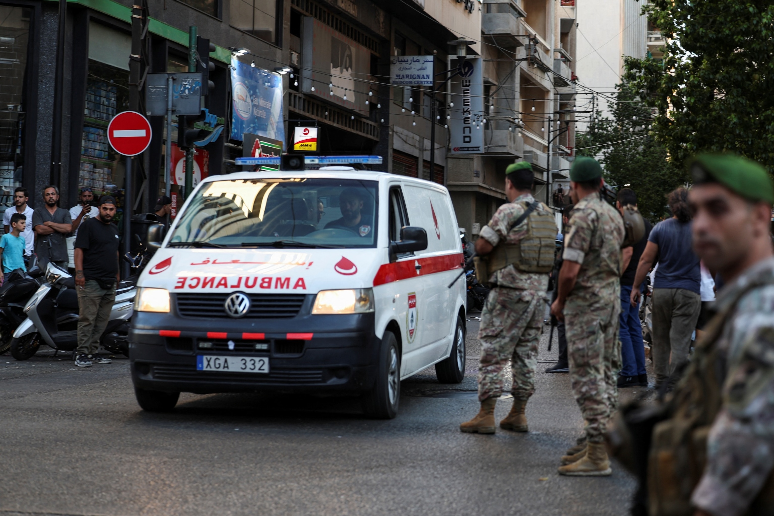 PHOTO: An ambulance arrives to American University of Beirut Medical Center as more than 1,000 people, including Hezbollah fighters and medics, were wounded when the pagers they use to communicate exploded across Lebanon, in Beirut, Sept. 17, 2024. 