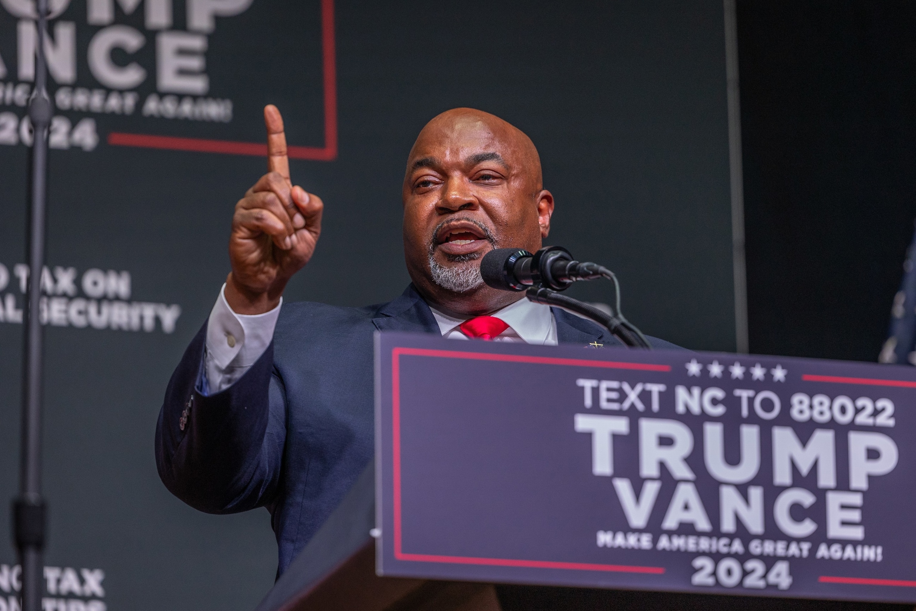 PHOTO: Mark Robinson delivers remarks prior to Republican presidential nominee former President Donald Trump speaking at a campaign event at Harrah's Cherokee Center on August 14, 2024 in Asheville, North Carolina.