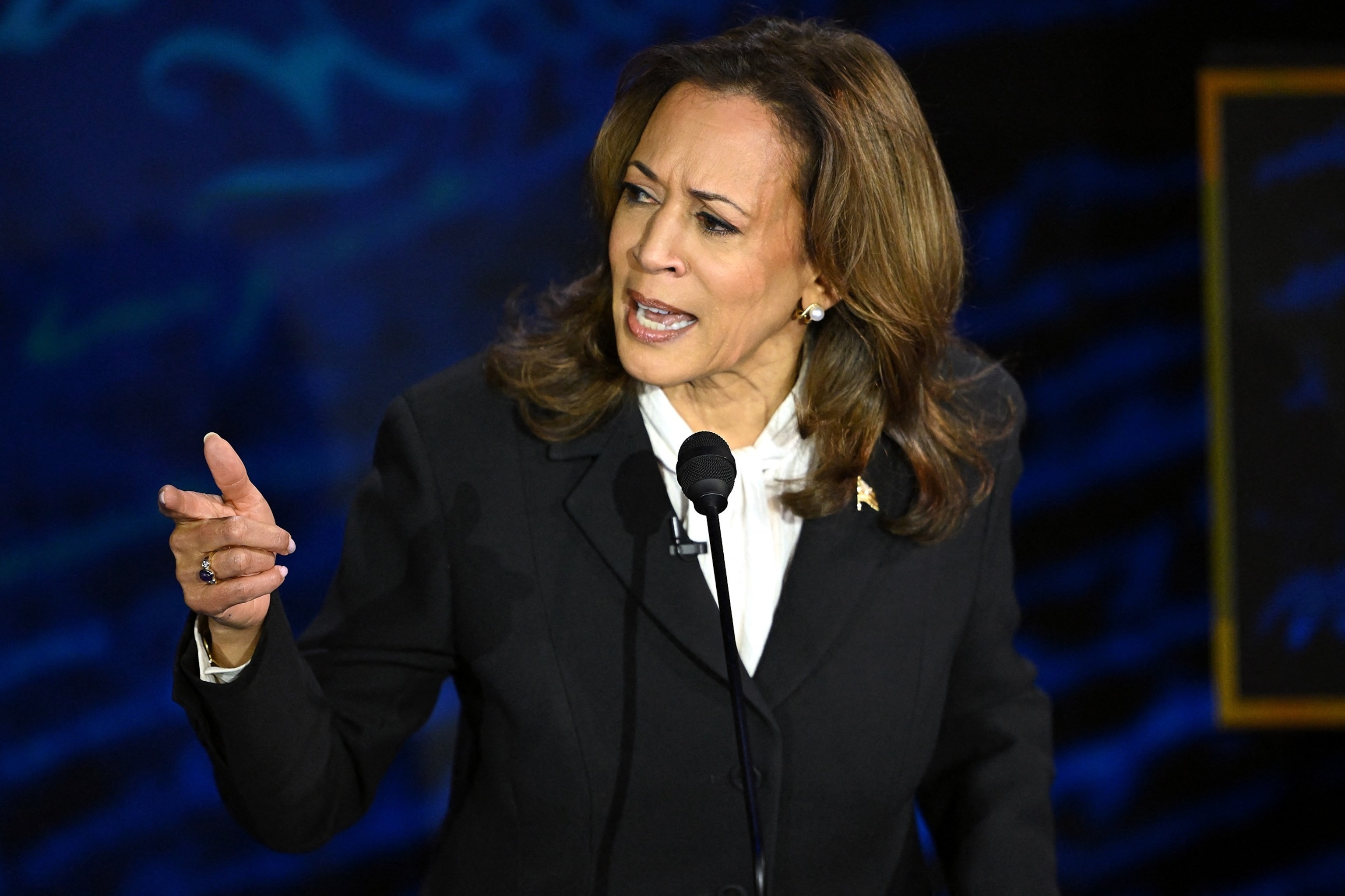 PHOTO: Vice President and Democratic presidential candidate Kamala Harris speaks during a presidential debate with former President and Republican presidential candidate Donald Trump in Philadelphia, Pa., Sep. 10, 2024. 