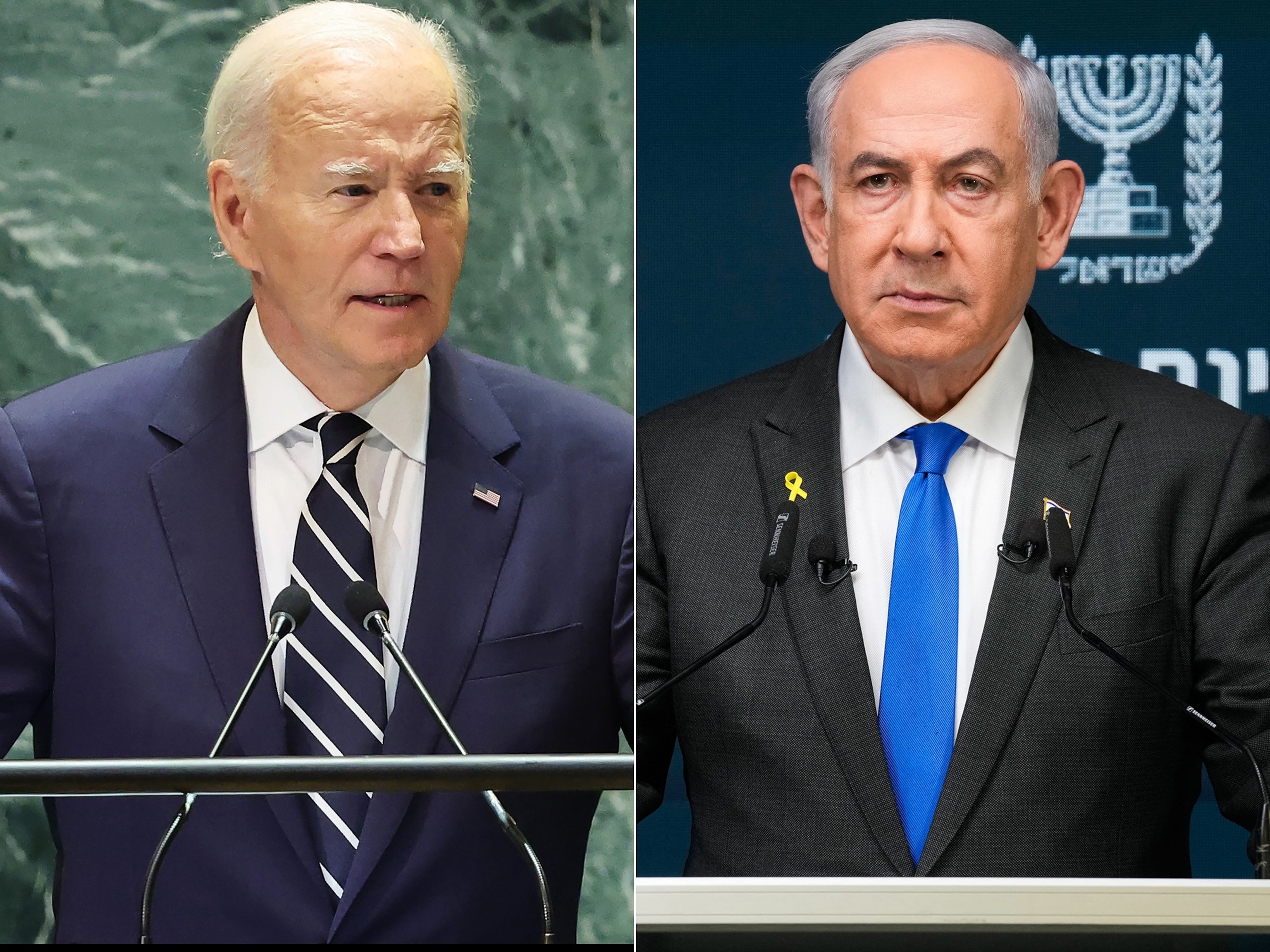 PHOTO: President Joe Biden speaks during the United Nations General Assembly (UNGA) on Sept. 24, 2024, in New York. | Israeli Prime Minister Benjamin Netanyahu speaks during a news conference in Jerusalem on Sept. 2, 2024. 