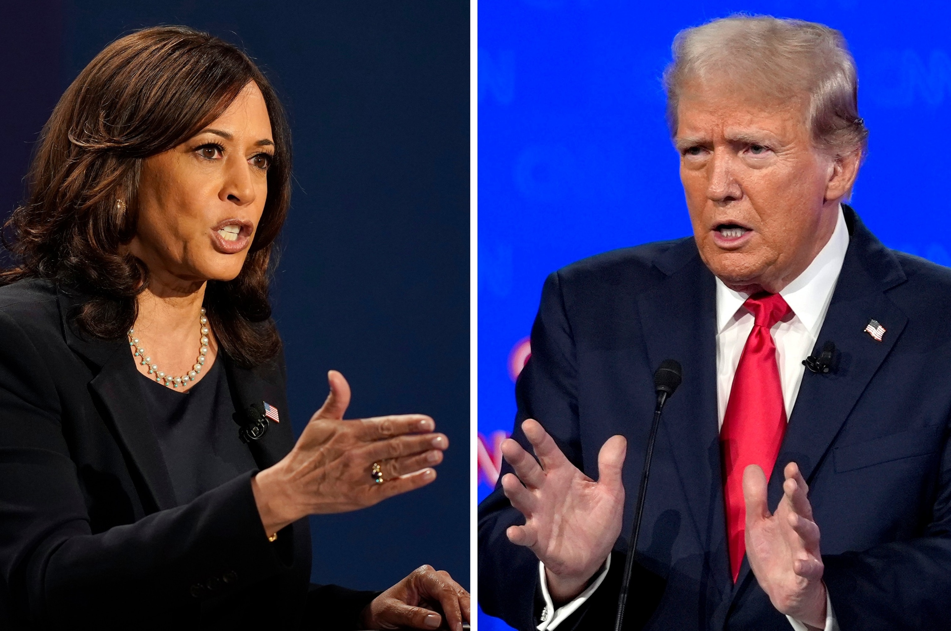 PHOTO: Democratic vice presidential candidate Sen. Kamala Harris speaks during a debate, Oct. 7, 2020, in Salt Lake City, left, and Republican presidential candidate former President Donald Trump speaks during a debate, June 27, 2024, in Atlanta. 