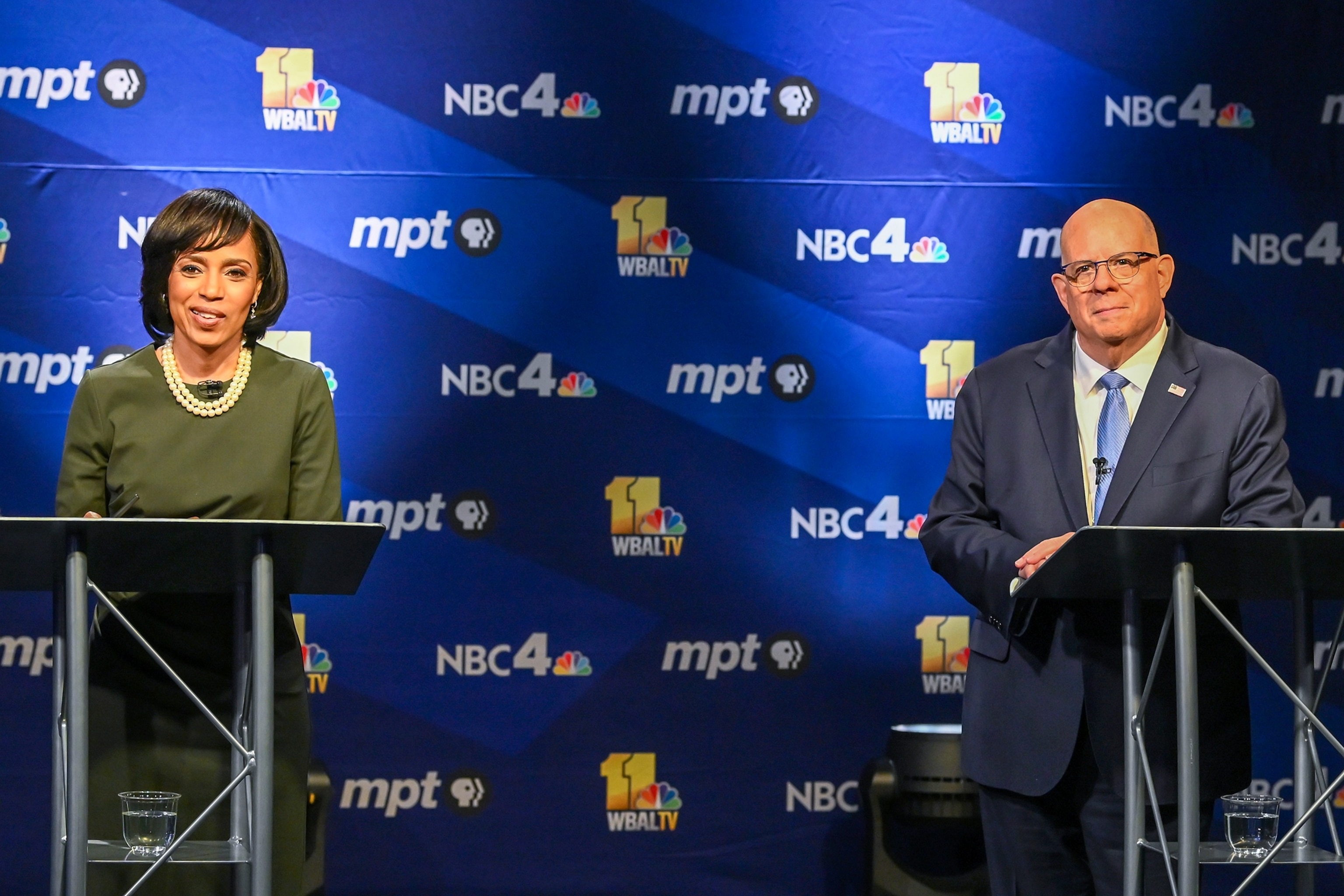 PHOTO: U.S. Senate in Maryland candidate, Democrat Angela Alsobrooks speaks during a debate against fellow-candidate, Republican Larry Hogan at Maryland Public Television in Owings Mills, Md., on Oct. 10, 2024. 