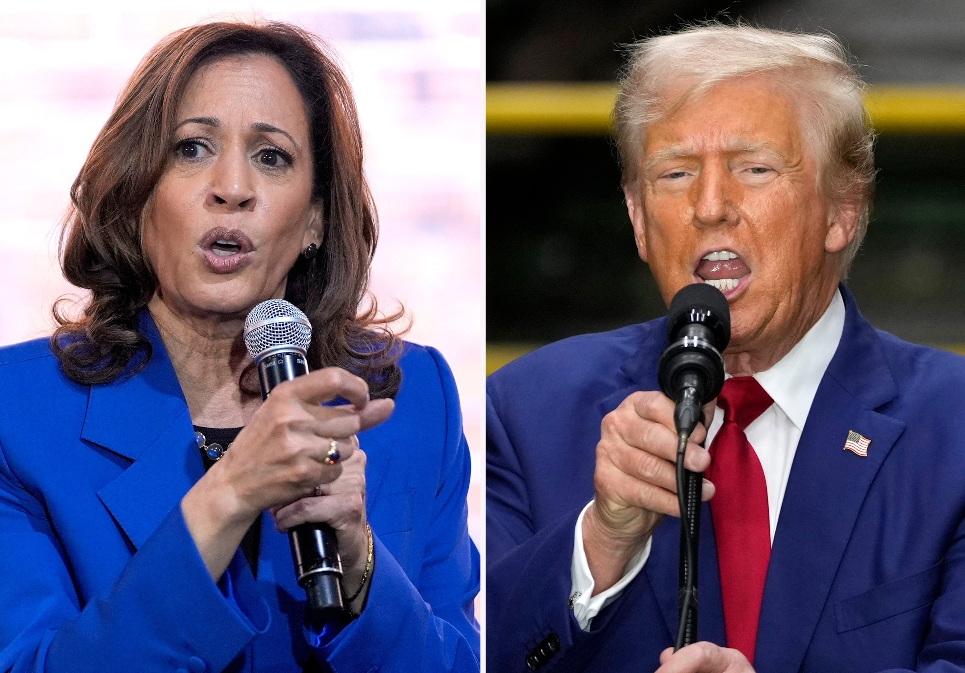 PHOTO: Democratic presidential nominee Vice President Kamala Harris speaks at a campaign event, Aug. 18, 2024, in Rochester, left, and Republican presidential nominee former President Donald Trump speaks during a campaign event, Aug. 19, 2024, in York. 