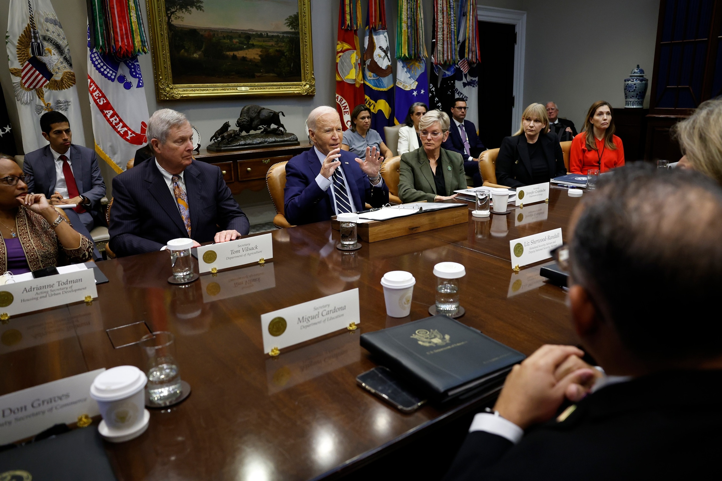 PHOTO: President Joe Biden gives remarks alongside Secretary of Agriculture Tom Vilsack and Secretary of Energy Jennifer Granholm during a briefing on the ongoing hurricane season in the Roosevelt Room of the White House on Oct. 8, 2024 in Washington, DC.