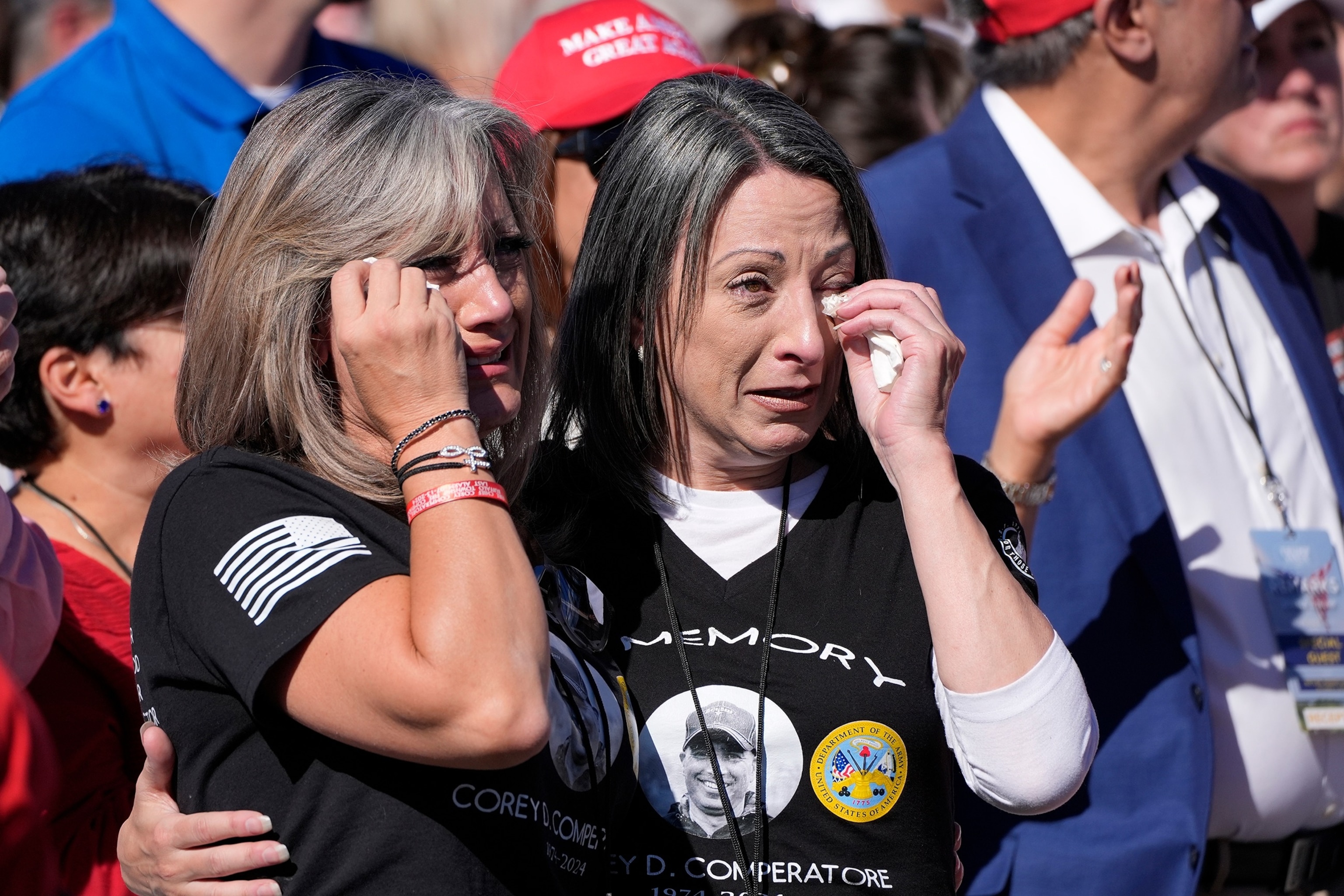 PHOTO: Kelly Comperatore-Meeder, left, and Dawn Comperatore-Schafer, sisters of firefighter Corey Comperatore, who died at a campaign event for Republican presidential nominee former President Donald Trump, on Oct. 5, 2024, in Butler, Pa. 